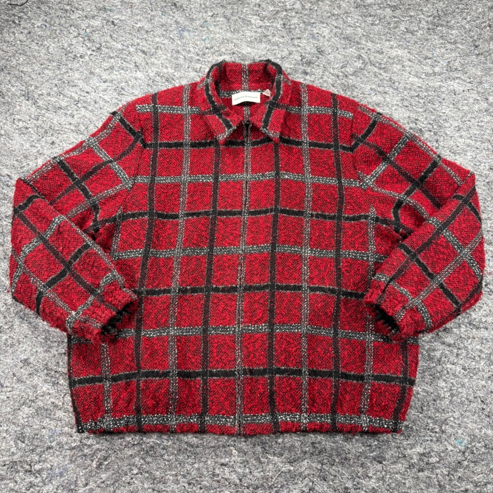 Alfred Dunner Red Black Plaid Zip Up Jacket Boucle Metallic Size 14 Womens